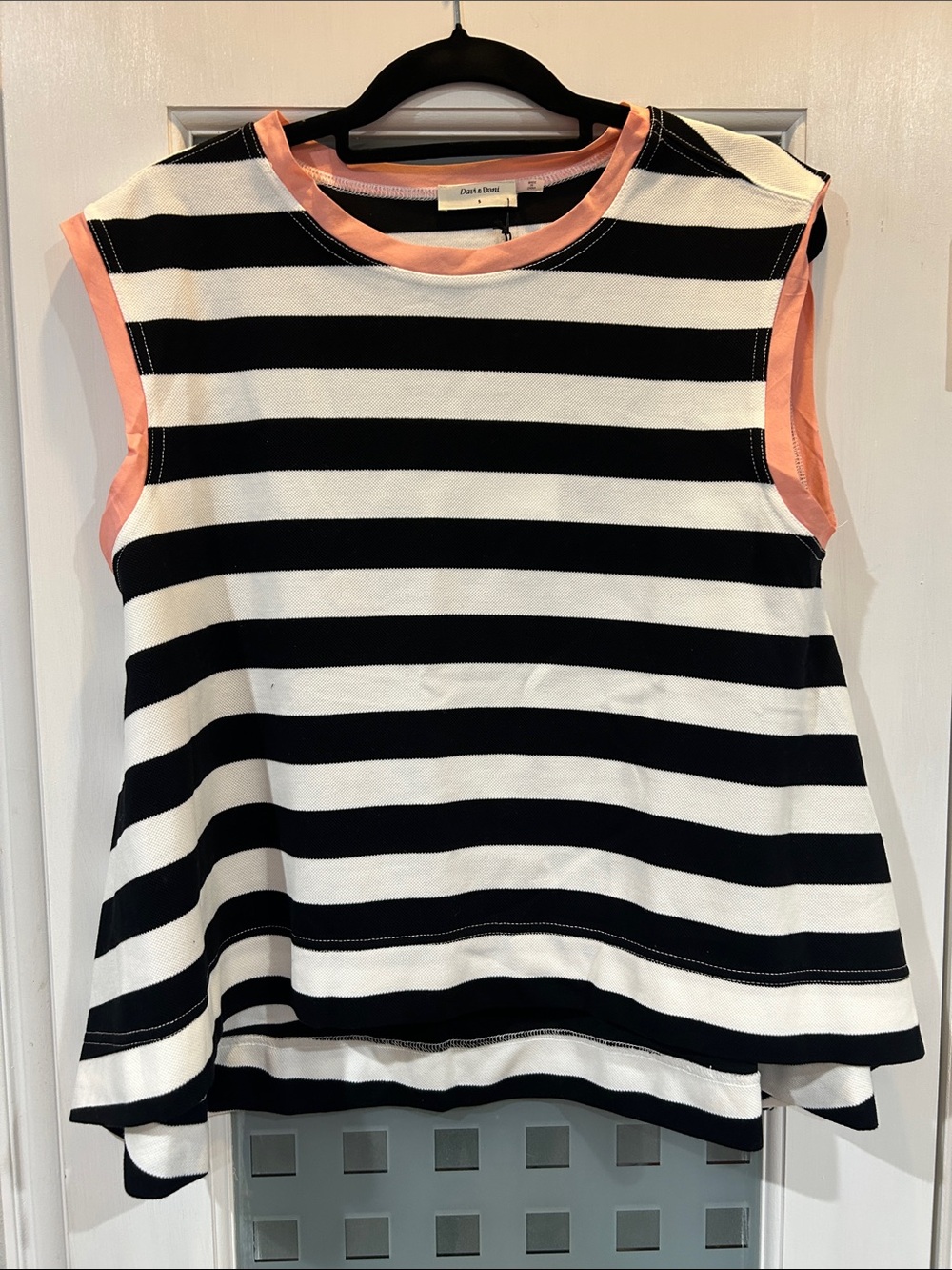 DAVI & DANI Black and White Striped Tank with Peach Trim